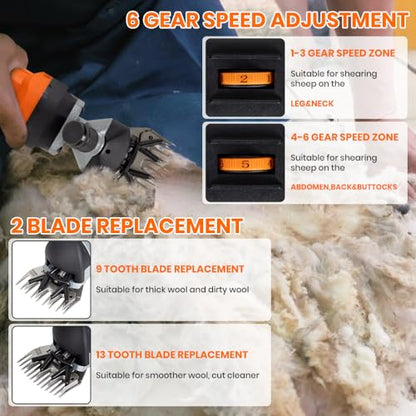 Sheep Shears Electric 850W Professional Heavy Duty Shearing Clipper with 6 Speed, for Shaving Fur Wool in Sheep, Goat, Cattle, and Other Farm Livestock Pet, with Carrying Case and Spare Blade