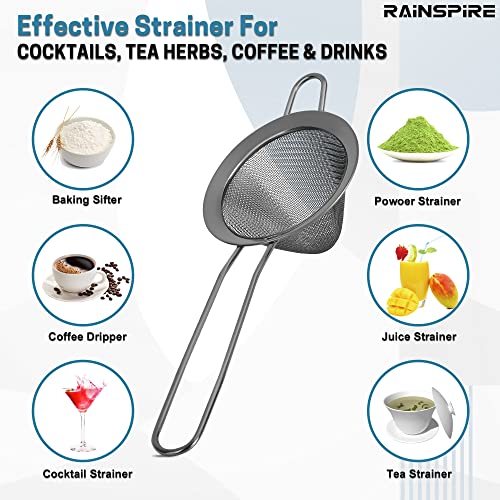 Rainspire Stainless Steel Small Strainer Fine Mesh Strainer, Mini Cocktail Strainer For Cocktails Tea Herbs Coffee & Drinks, Tea Strainer with Handle, Rust Proof, Black - color: Black