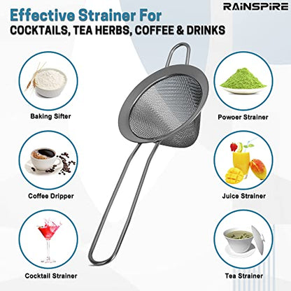 Rainspire Stainless Steel Small Strainer Fine Mesh Strainer, Mini Cocktail Strainer For Cocktails Tea Herbs Coffee & Drinks, Tea Strainer with Handle, Rust Proof, Black - color: Black