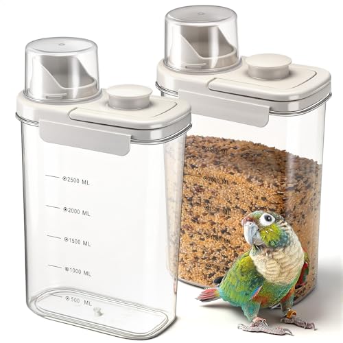 Maxdot 2 Pcs Bird Seed Storage Container 3 Qt/2.8 L with Tight Lids Airtight Cup Pet Food Storage Measuring Containers Lids with Pouring Spouts for Macaws African Grey Cockatoos (Beige) - color: Beige
