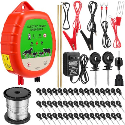 8 Mile Electric Fence Kit for Livestock, 12kv 2J Electric Fence Charger 50 Black Insulator 1 Socket Tool 250ft Aluminum Wire for Predators Deterrent Farm Fencing System