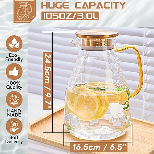 Glass Pitcher, 3 Liter Water Pitcher With Lid | Iced Tea Pitcher for Fridge, Glass Water Carafe With Lid, Glass Water Jug, Large Drink Pitcher For Juice, Milk, Cold Or Hot - size: 3.0 liters