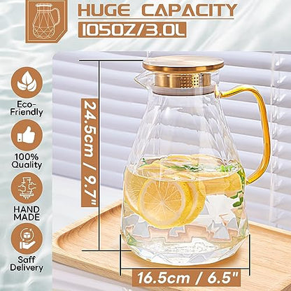 Glass Pitcher, 3 Liter Water Pitcher With Lid | Iced Tea Pitcher for Fridge, Glass Water Carafe With Lid, Glass Water Jug, Large Drink Pitcher For Juice, Milk, Cold Or Hot - size: 3.0 liters