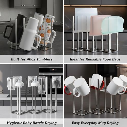 Water Bottle Drying Rack, Cup Drying Rack for Counter, Stainless Steel Tumbler Dryer Stand, Space-Saving Mug & Glass Drying Rack, Heavy-Duty Holder for Cups & Water Bottles (Silver – 10 Pegs) - color: Sliver – 10 Pegs