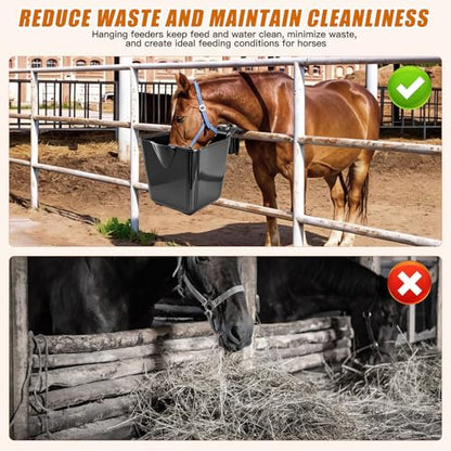 15 Qt Hook-Over Plastic Livestock Horse Feed Bucket, 6-Pack, Black | Heavy duty 15 quart hanging Fence Hay Feeder, mountable feed bucket for horse, sheep, cattle, ideal for stalls & pasture use