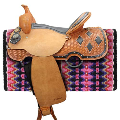 Tahoe Tack Reya Western Show Saddle Blanket – Handwoven 100% New Zealand Wool, Oversized 34" x 38", Heavyweight 5+ lbs, Vibrant Design, Ideal for Layering at Shows, Parades & Rodeos - color: Pink/Purple/Fuscia/Black/White