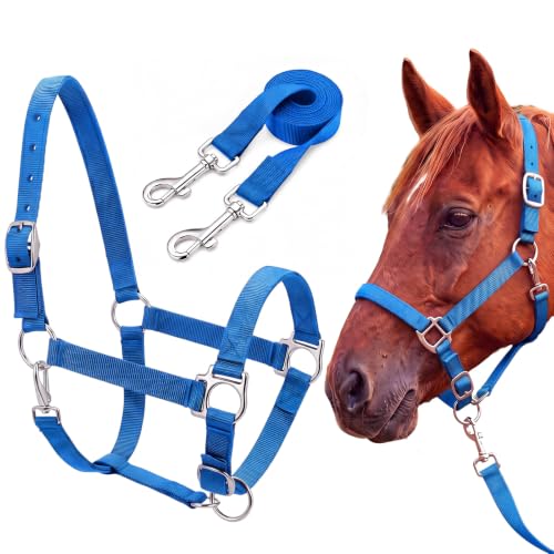 2 Pack Nylon Horse Halter with Reins Adjustable - color: Blue