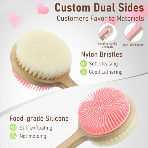 Silicone Body Back Scrubber for Shower 2 Pack, Long Handle Scrub Brush - color: Pink & Black