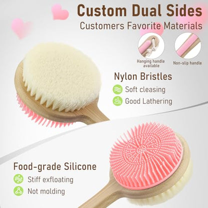Silicone Body Back Scrubber for Shower 2 Pack, Long Handle Scrub Brush - color: Pink & Black