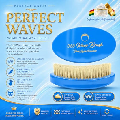 360 Wave Brush, Soft, Build Deeper Waves & Hard Boar Bristle, Curved Design, Black Lavish Essentials Signature (Soft Brush, Sky Blue) - color: Sky Blue, size: Soft Brush