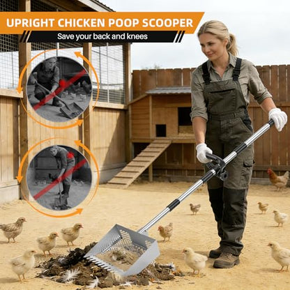 Chicken Poop Scooper & Rake 2-in-1,Stainless Steel Shovel Head Chicken Coop Scoop with 22 to 63" Adjustable Handle,Sifting Litter Shovel Scoop for Chicken Coop/Goat Stall/Stable Cleaning