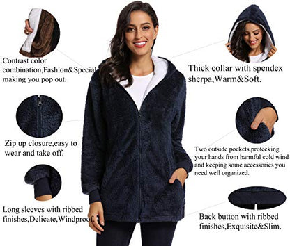 Fleece Coat for Women,Women's Oversized Zip Up Hooded Jacket Winter Plus Size Sherpa Coat - color: Anavyblue, size: Small