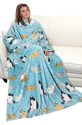 Catalonia Wearable Blanket with Sleeves for Women & Men, Fleece Wrap Throw - color: Blue Cat