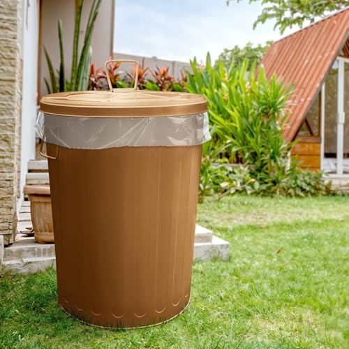 Plexon 20 Gallon Metal Trash Can with Lid Outdoor Large Trash Bin Steel Garbage Can for Garage Patio Farmhouse Bucket Bird Seed Storage Can Heavy Duty Round Container, Brown - color: Brown