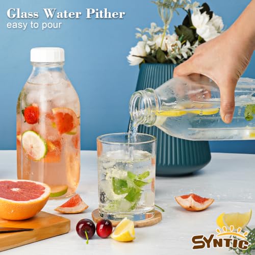 Syntic 2 Pack 32 Oz Glass Milk Bottles with Airtight Lids & 2 Caps | Reusable Screw Lids with 2 Dispenser Caps for Glass Water Jug,Buttermilk, Juice,Syrup,Coffee Creamer & Refrigerator Storage