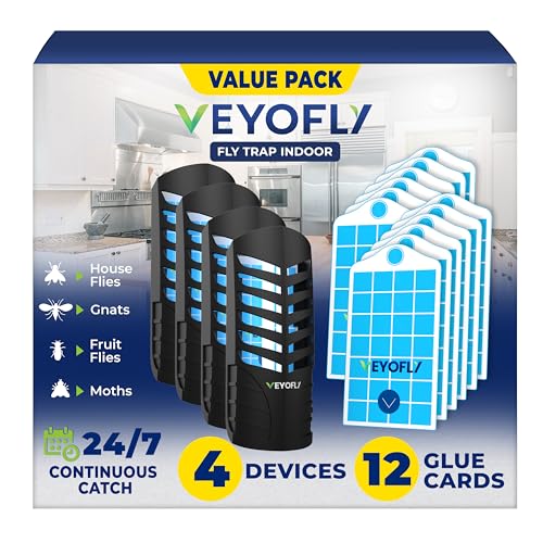 VEYOFLY Fruit Fly Traps for Indoors (4 Device + 12 Refills), Gnat Trap Indoor Plug in, Bug Traps, Flying Insect Trap, Gnat Traps for House Indoor, Fly Trap Indoor for Home Bug Light, Gnats Catcher | UV light attracts insects to glue cards, silent 24/7, pl