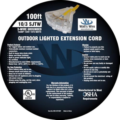 100 ft 10 Gauge Extension Cord - Outdoor Extension Cord - Watt's Wire - size: 100 Ft