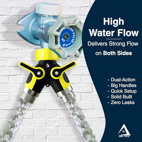 DBR Tech® Hose Splitter 2 Way, Heavy Duty Metal Connector, Two Way Garden Hose Splitter, High Flow Spigot Faucet Bib Adapter, Solid Double Y Shut Off Valve for Outdoor Gardening Hoses, Yellow - color: Yellow