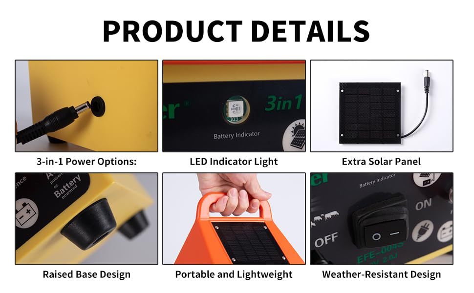 24 Hour Solar Electric Fence Charger,3-in-1 Electric Fence Charger,20 Miles,Solar/BatteryAC Powered Waterproof Design for Livestock Wildlife Control & Property Protection