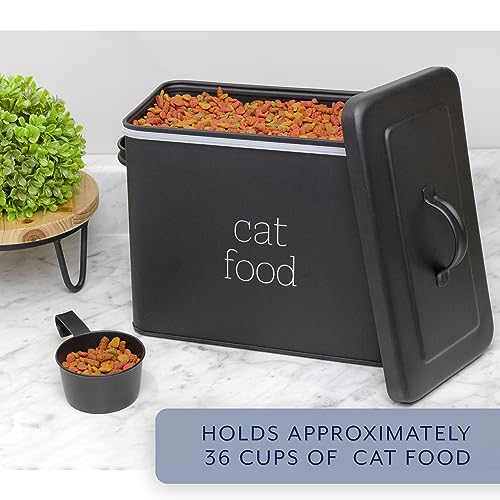 AuldHome Design Farmhouse Cat Food Container (Black) Enamel Look Rustic Cat Food Bin with Scoop