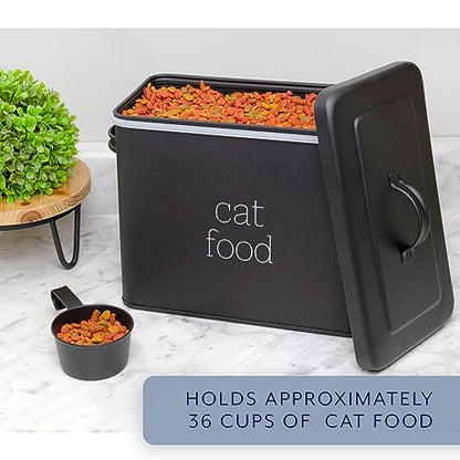 AuldHome Design Farmhouse Cat Food Container (Black) Enamel Look Rustic Cat Food Bin with Scoop
