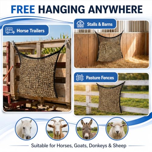 3 Pcs Slow Feed Hay Net for Horses, 35 x 31 Inch Large Capacity Slow Feed Hay Bag Feeder with 6 Hooks Durable for Horses Goats Sheep Donkey Trailer Full Day Feeding, Easy to Fill and Hang