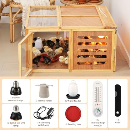 Large Chicken Brooder Box Kits 32x32x16 in Wooden Foldable Chick Brooder Box with Heated Light Thermometer Portable with Handle for up to 70 Chickens, Ducks, Quails, Hamsters, No Assembly