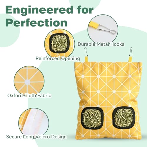 Rabbit Hay Bag 2 Pack - 2 Holes Hanging Bunny Hay Feeder Holder | Guinea Pig Hay Feeder with Metal Hooks, Oxford Cloth Feeding Bag Storage for Chinchillas and Small Animals (Blue Yellow) - color: Blue Yellow