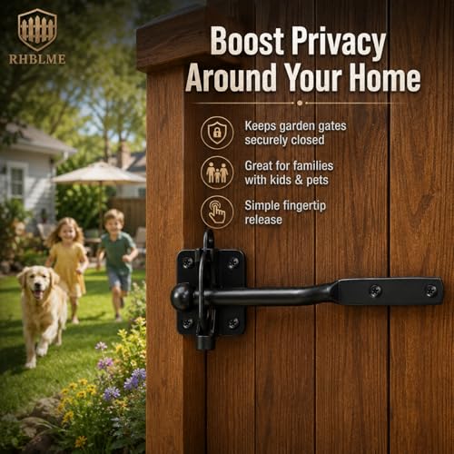 RHBLME 2 Pack Gate Latch for Wooden Fence, Gravity Self Locking Black Door Lock Heavy Duty Wood Metal Door Hardware Kit Stainless Steel Latches Automatic Closing for Outdoor Garden Yard Pool