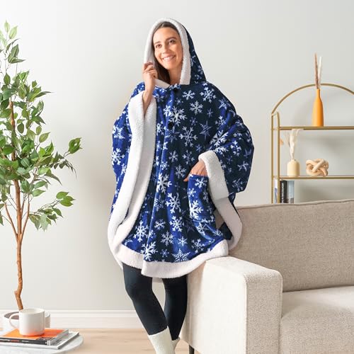 PAVILIA Hooded Blanket Poncho, Fleece Wearable Shawl Wrap, Snowflake Blue | Fleece Shawl Wrap with Hood, Adult Wearable Blanket, Cozy Warm Poncho Cape Throw with Pockets, Gift for Elderly Mom - color: Snowflake Blue