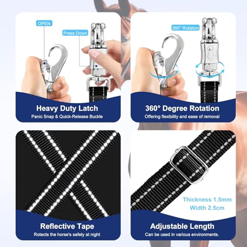 Heavy-Duty Cross Ties for Horses - Adjustable Nylon Horse Trailer Ties with Strong Panic Snap & Bull Snap (59"-102"), Set with 2 Pack Tie Rings & 8 Matching Screws (Black)