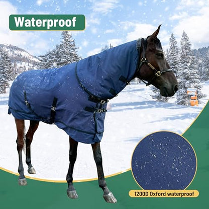 Horse Turnout Blanket | Medium Weight Horse Blanket with 1200D 250g Cotton Filling | Detachable Neck Cover & Belly Wrap (72in/135cm) - color: Blue&Black