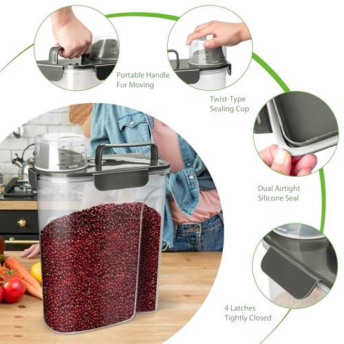 Viretec Rice Storage Container, 5 to 10lb Dry Food Airtight Dispenser, Pet Dog Cat Food Canister, BPA Free Clear Plastic Kitchen and Pantry Organization Bin for Oatmeal, Grain, Cereal, Pasta, Flour - color: 6L/Grey
