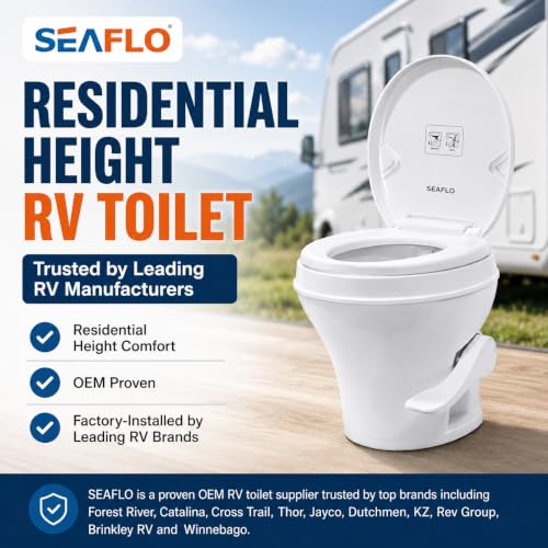 SEAFLO RV Toilet – 18.4" Residential Height, Gravity Flush Foot Pedal, 4-Year Warranty, Fits Most RVs (9.5" Rough-In), Soft Close Seat, 2-Bolt Mount, for Camper Travel Trailer Motorhome SFRTPH-01-01 - color: White