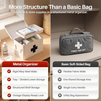 Flexzion Large Metal First Aid Box Empty, 8.5-Inch, White with Black Cross - color: White - Black Cross, size: 8.5 Inch without Latch Lock