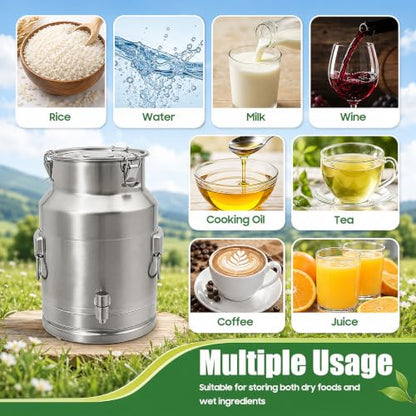 15L/4Gal Milk Can with Spigot, Water Beverage Dispenser Pail | Food Grade Bulk Storage Container, Commercial Liquid Dispenser with 3 Clips for Milk Wine Water Oil