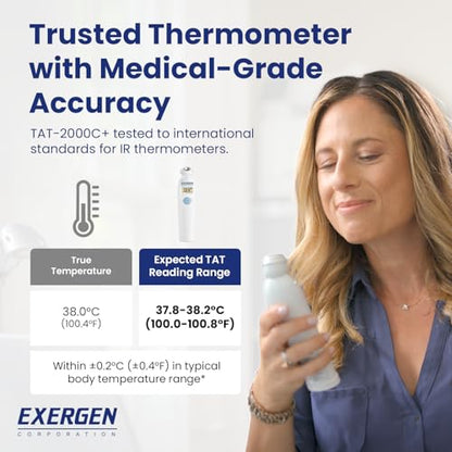 Exergen TAT-2000C+ Temporal Artery Thermometer, White, 9V Included | Thermometer For Adults, Kids, & Newborns | Soft Glow LCD, Silent Mode, 8 Memory Readings