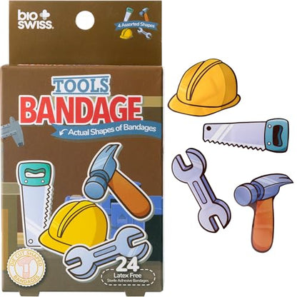BioSwiss Bandages, Tools Shaped Self Adhesive Bandage Set, Latex Free, Sterile Wound Care, 24 Count - color: Tools, size: 24-Count Box