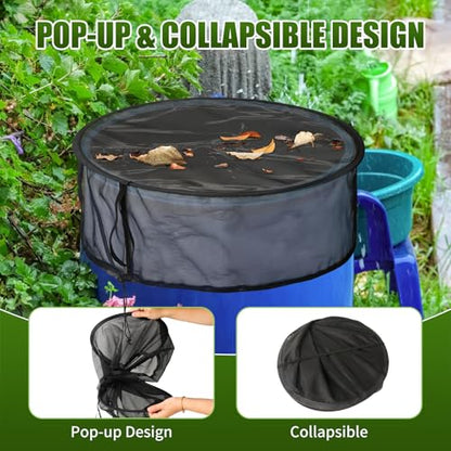 Pop Up Mesh Cover for Rain Barrels with Drawstring, 2 Pack Water Rain Barrel Netting Screen Water Collection Buckets Tank Protector Cover Net to Keep Leaves and Debris Out, 24.8 Inch