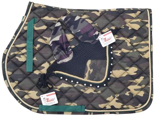 Camouflage All Purpose English Saddle Pad with Matching Fly Bonnet – Handmade Jumping Saddle Pad Set