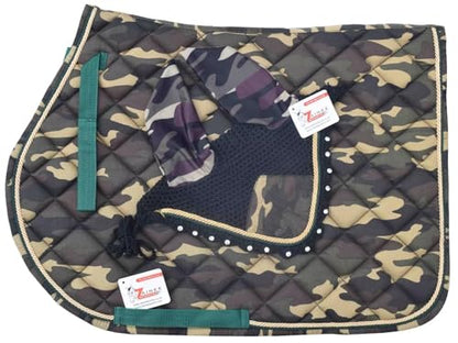 Camouflage All Purpose English Saddle Pad with Matching Fly Bonnet – Handmade Jumping Saddle Pad Set