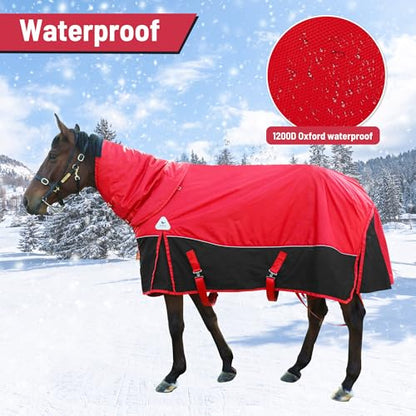 Surcingle Turnout Blankets for Horse,1680D Winter Water-Resistant HorseTrunout Sheets, 300g Warm Polyester Filling Liner, Medium Weight with Turnout Neck Cover Detachable (US 78 in/EU 145 cm) - size: US 78 in/EU 145 cm