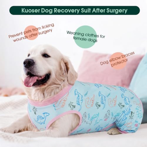 Kuoser Dog Recovery Suit with Anti Licking Rear Leg Sleeve, Dinosaur M - color: Blue Dinosaur, size: Medium (Back Length: 34cm / 13.38")