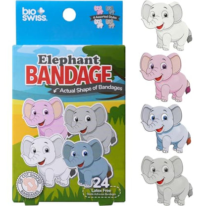 BioSwiss Bandages, Elephant Shaped Self Adhesive Bandage, Latex Free, Sterile Wound Care, 24 Count - size: 24-Count Box, style: Elephant