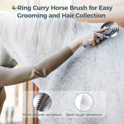 8 pack Reversible Stainless Steel Curry Comb, 4-Ring Metal Curry Brushes with Soft Touch Grip, Horse Brush Scrapers with Comfortable Grip for Cow Sheep Pet Dog Goat Horse
