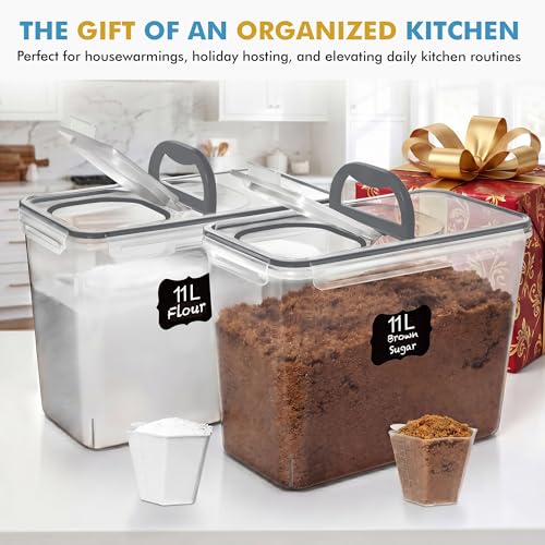 Shazo 2 PC (11L | 372 oz) Flour Sugar Storage Containers with Spout Lid & Easy Carry Handle - BPA Free Extra Large Airtight Food Storage Containers with Lids - Rice Canisters Sets for Kitchen & Pantry - color: Gray