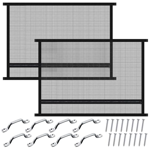 Threlaco 2 Pcs 35'' x 26'' Horse Trailer Window Screen Horse Trailer Air Circulation Mesh Safety Bar Horse Trailer Accessories Reinforced Window Nets with 8 Fasteners and 16 Screws, Black