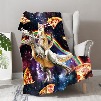 Aimego Funny Cat Blanket Gifts for Men Women Kids Cool Cat Riding Dinosaur on Fantasy Galaxy Cozy Travel Bed Couch Plush Boys Girls Birthday Christmas Lightweight Blanket 60"x80" - color: Funny Cat, size: 60"x80"