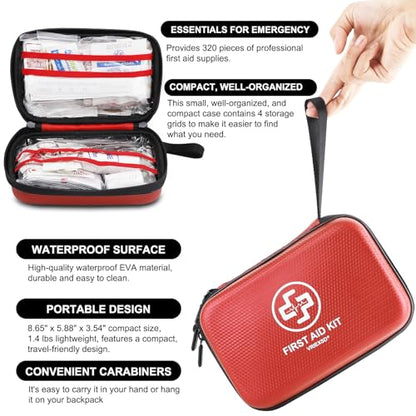 VRIEXSD Premium 320-Piece First Aid Kit, Waterproof EVA Hard Shell Case,Red | Compact Design Emergency Medical Kits with Comprehensive Supplies For Home, Camping, Car, Hiking, Travel, Businesses, Outdoor - color: Red