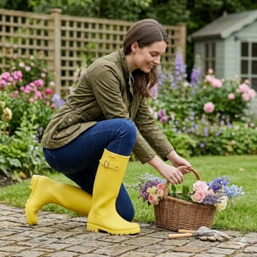 HISEA Women Rain Boots Slim Calf Tall Waterproof Tight PVC Rubber Rainboots - color: Yellow-slim Calf, size: 7